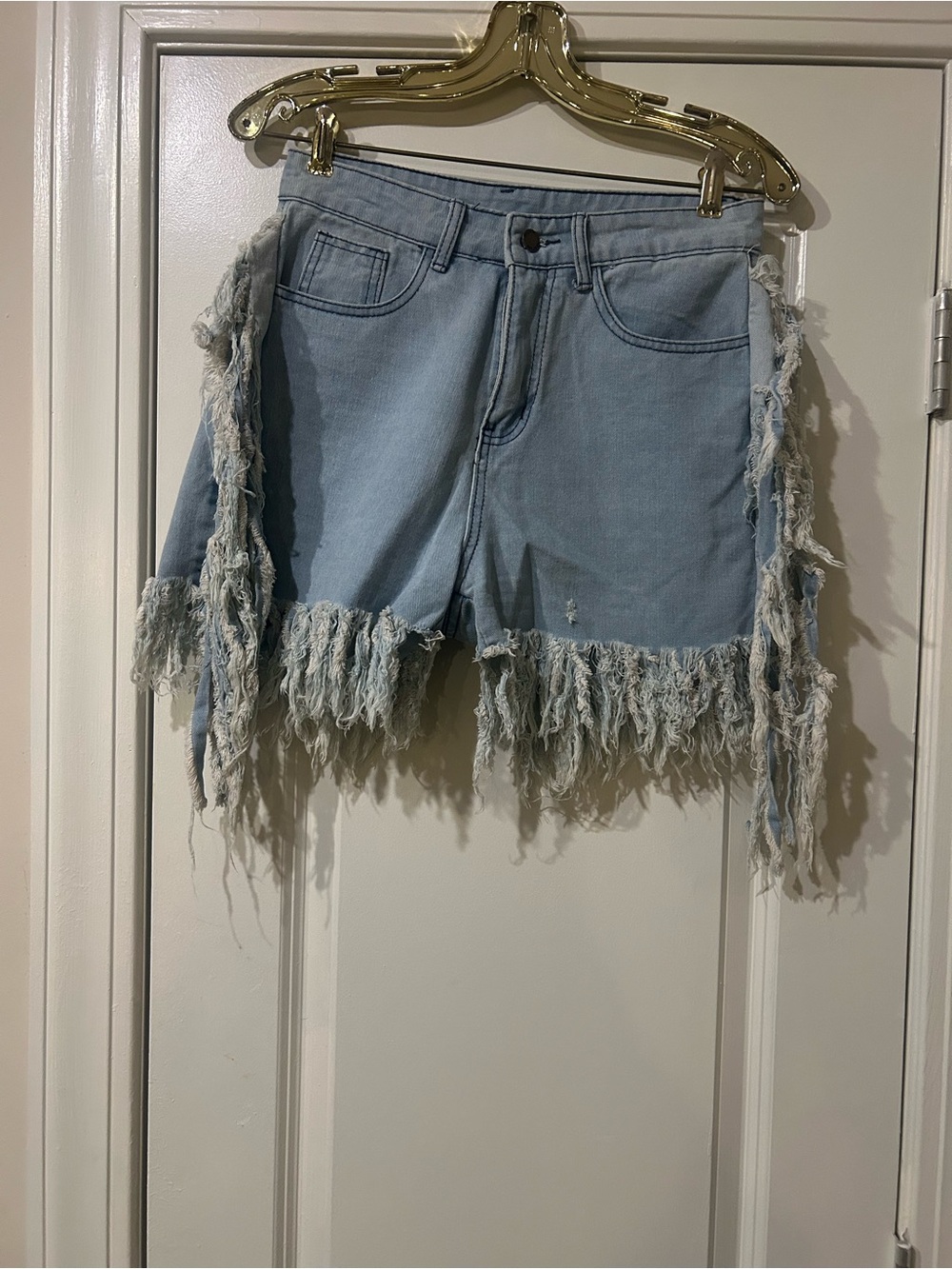 Light Blue Distressed Fringe Denim Shorts